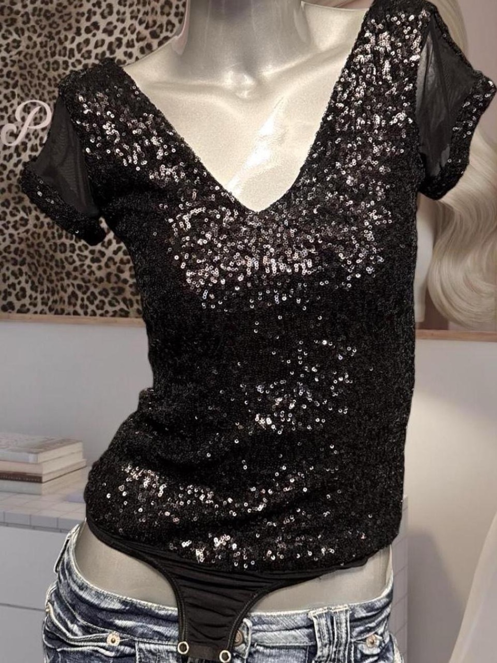 Bebe Y2K black sequin open-back bodysuit